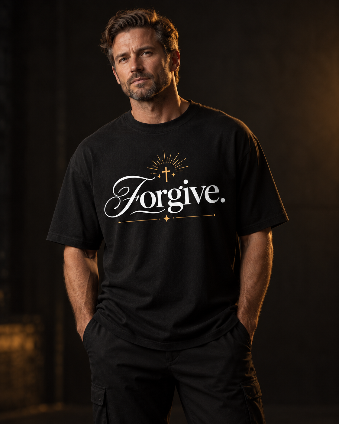 White man wearing the black ATTGIG Forgive tee
