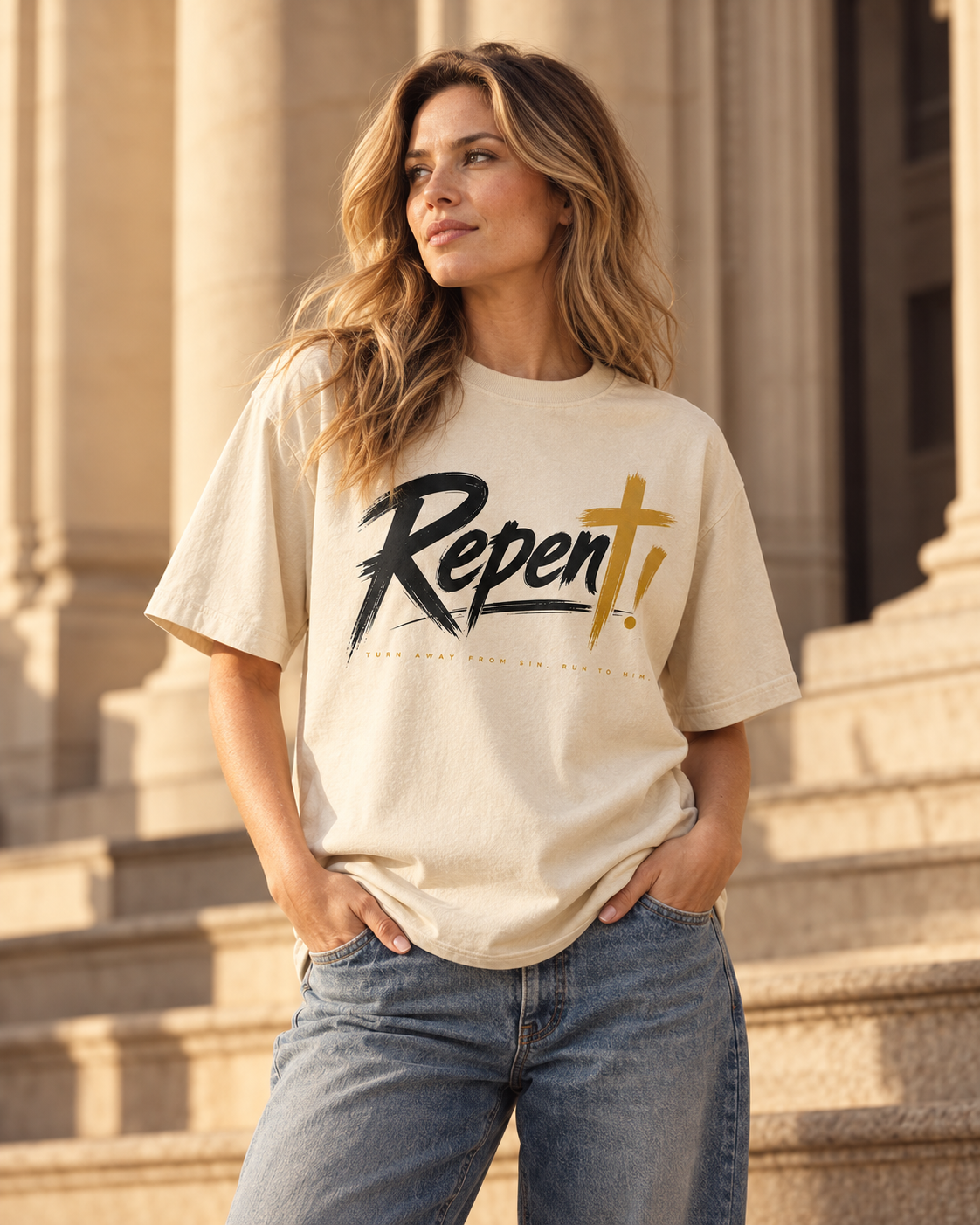 White woman wearing the bone ATTGIG Repent tee