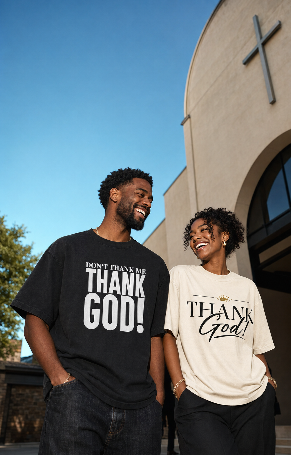 Friends wearing ATTGIG Thank God statement tees